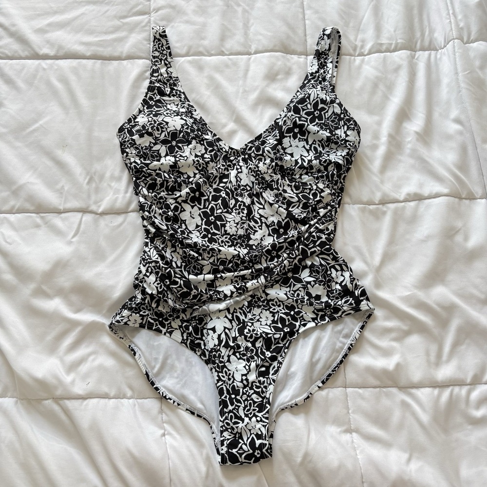 Anne Cole Swimsuit One Piece Womens 16 Floral Tropical Beach Tummy Control Black